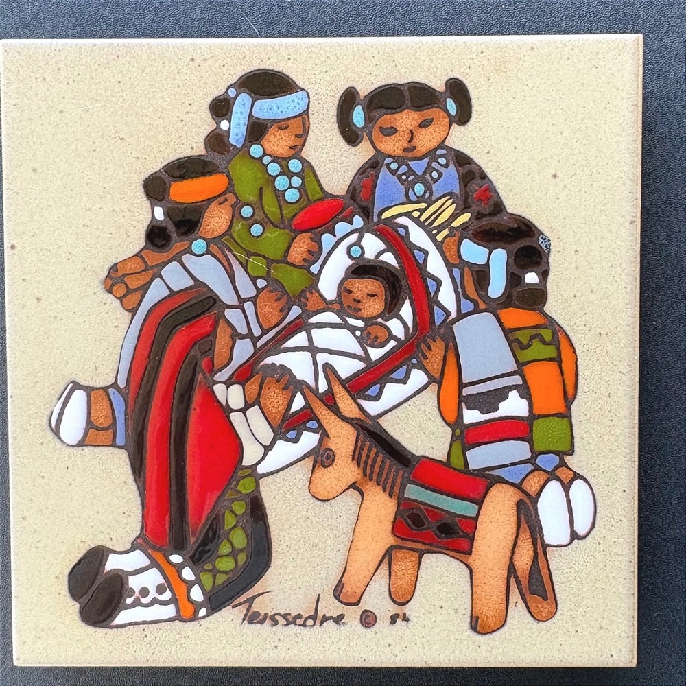Vintage 1984 C. Teissedre Hand Painted Ceramic Tile Southwestern Nativity Scene